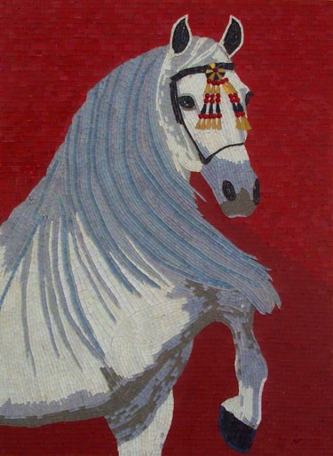 Prancer - white horse glass mosaic mixed media art